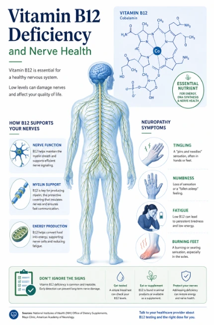 Vitamin B12 deficiency infographic showing neuropathy and nerve-related symptoms