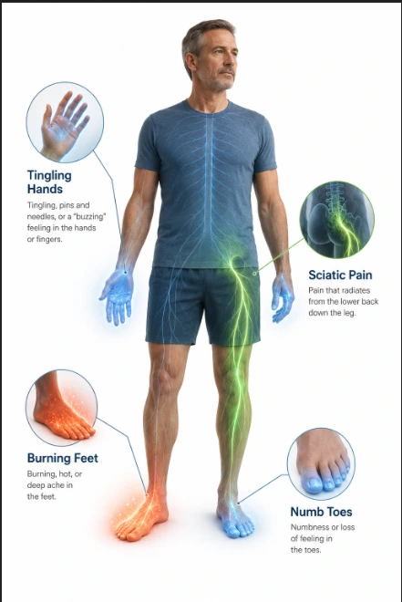 Peripheral neuropathy symptom body map showing burning feet, tingling hands, and sciatic pain