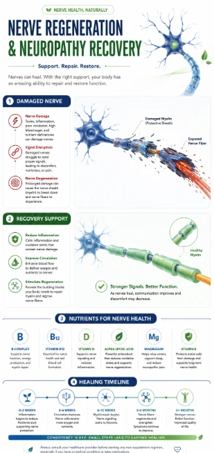 Nerve regeneration infographic showing nerve healing and recovery support