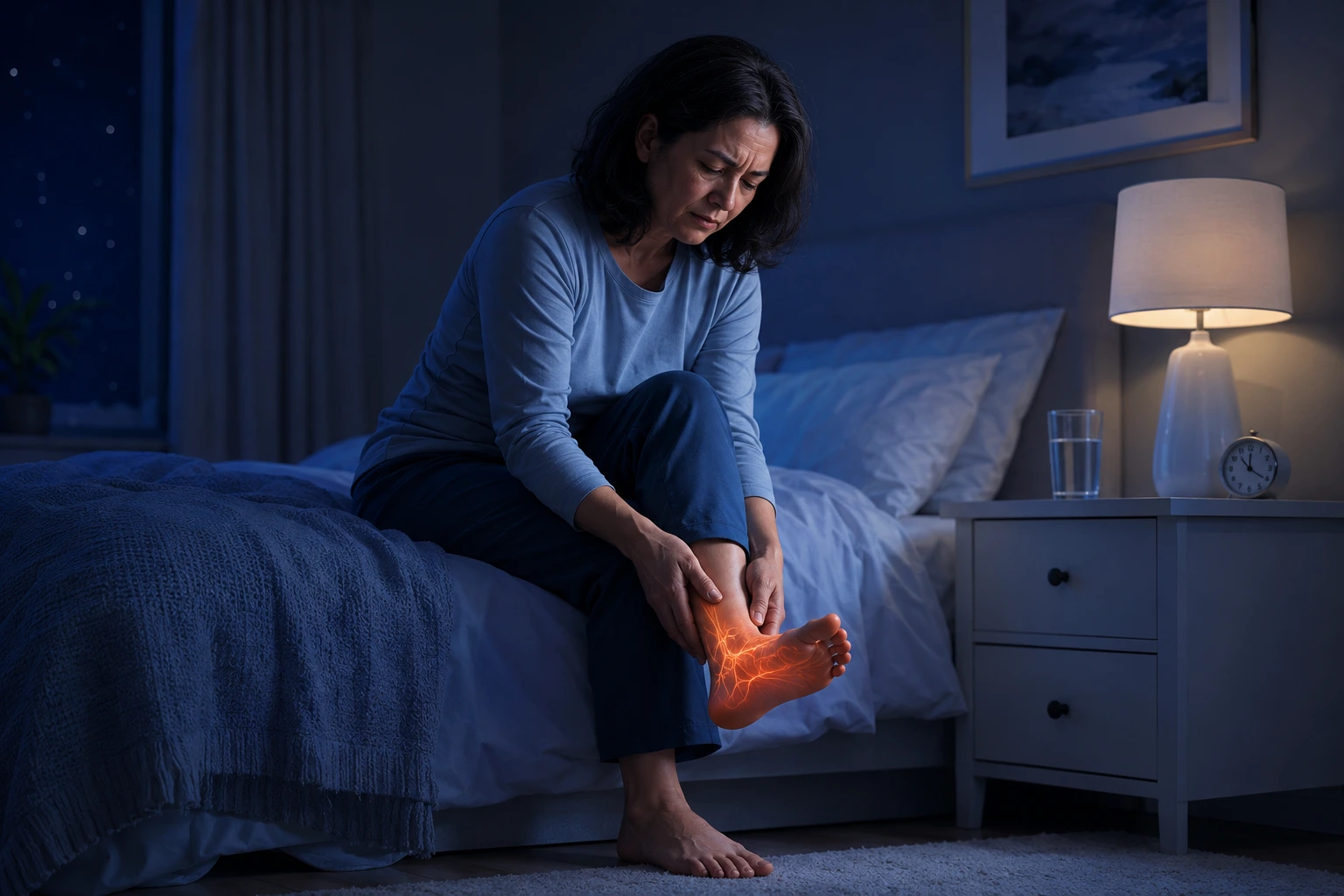 Adult experiencing nighttime neuropathy symptoms and burning feet