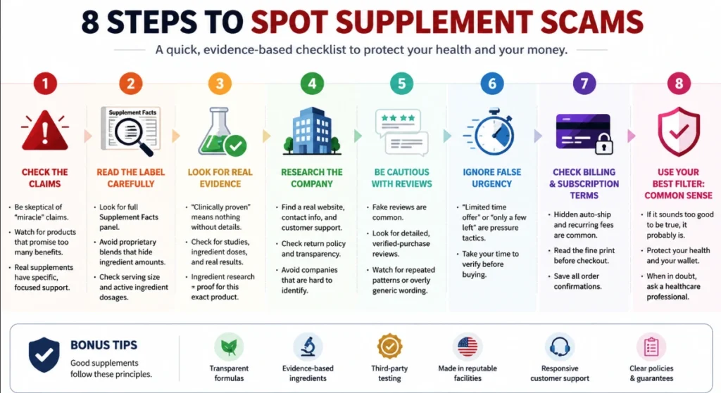 How to spot supplement scams infographic showing fake supplement claims, misleading reviews, proprietary blends, and supplement warning signs