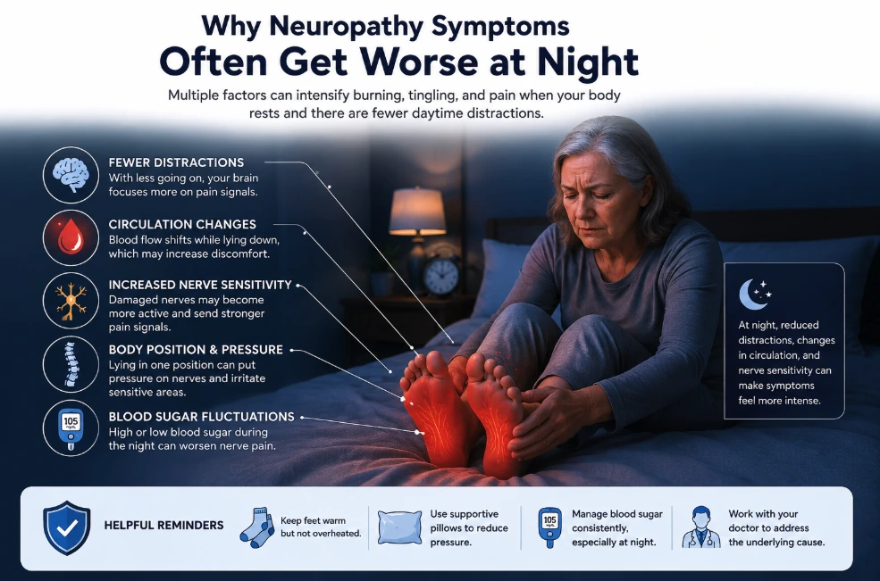 Infographic explaining why neuropathy symptoms may get worse at night